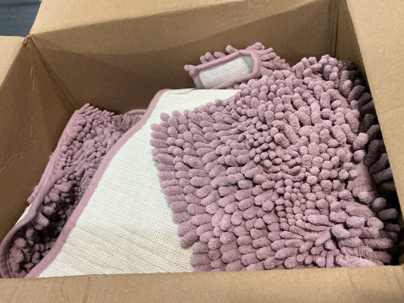 Condition photo showing Good Condition for accumtek striped lavender bathroom rug set 3 pieces ultra soft, non slip chenille toilet mat, absorbent plush shaggy bath mats for bathroom, bedroom, kitchen, mauve 2'8"x1'8"+2'×1'5"+u shape 2'x1'8" lavender