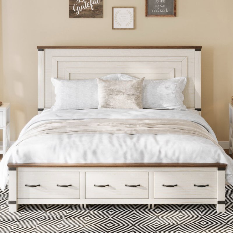Farmhouse Wood Platform Bed Frame with 54\\\" Tall Geometric Headboard & Footboard ( incomplete box 1 of 2 )