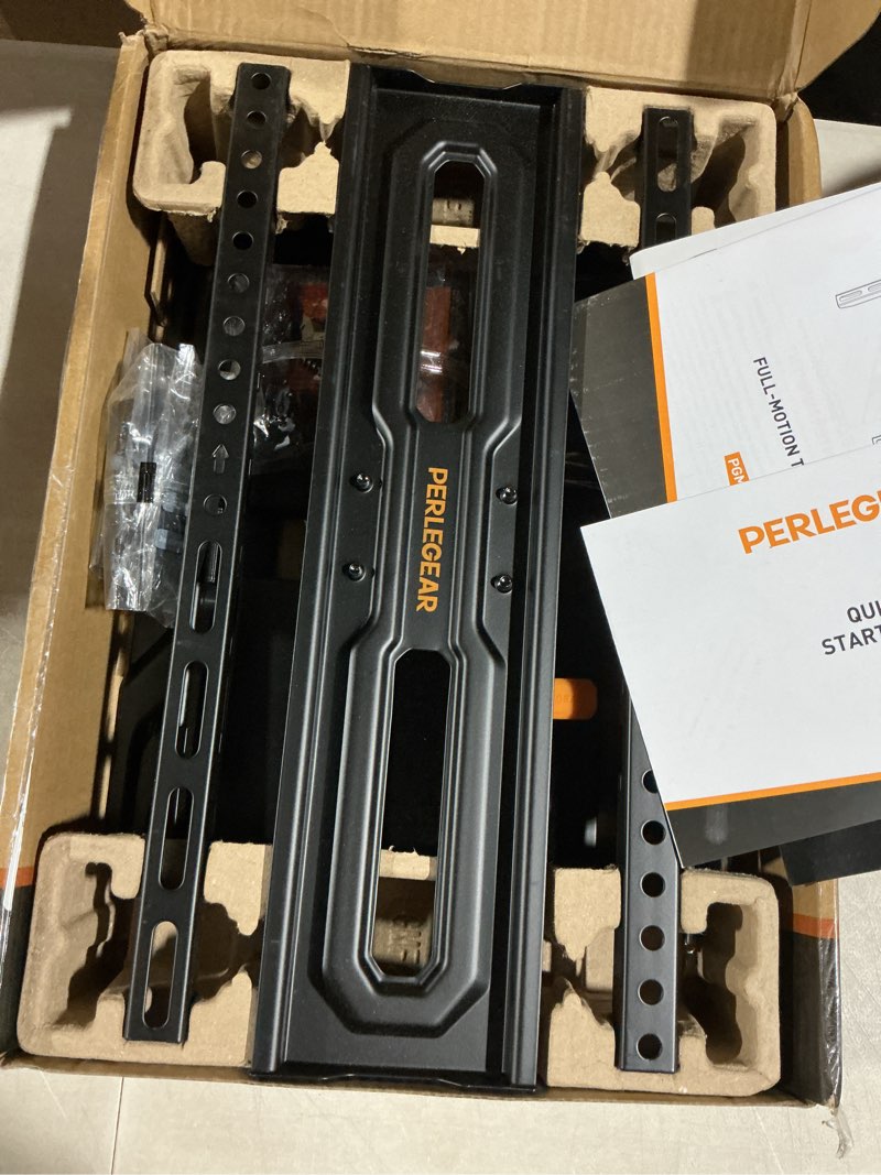 Condition photo showing Good Condition for perlegear full motion tv wall mount for 26-74 inch tvs, height adjustable tv mount, pre-assembled wall mount tv bracket with tool-free tilt, swivel, fits 16” studs, 99 lbs, max vesa 400x400mm, pgmf21 26-74 inch full motion tv wall mount