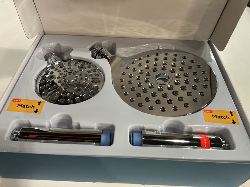Condition photo showing New/Like New for makefit dual filtered rain shower head combo, handheld shower head with adjustable bar - rainfall shower head and showerhead with filter for hard water - removes chlorine filtered premium chrome