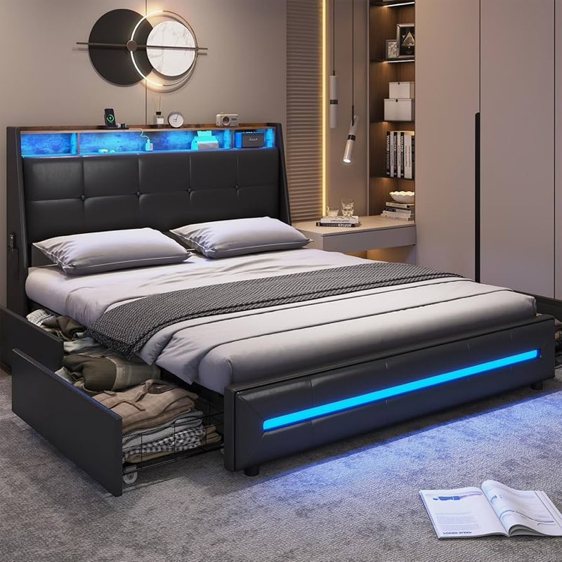 Upholstered Bed Frame With Drawers With Storage Headboard,Charging Station LED Light TWIN 