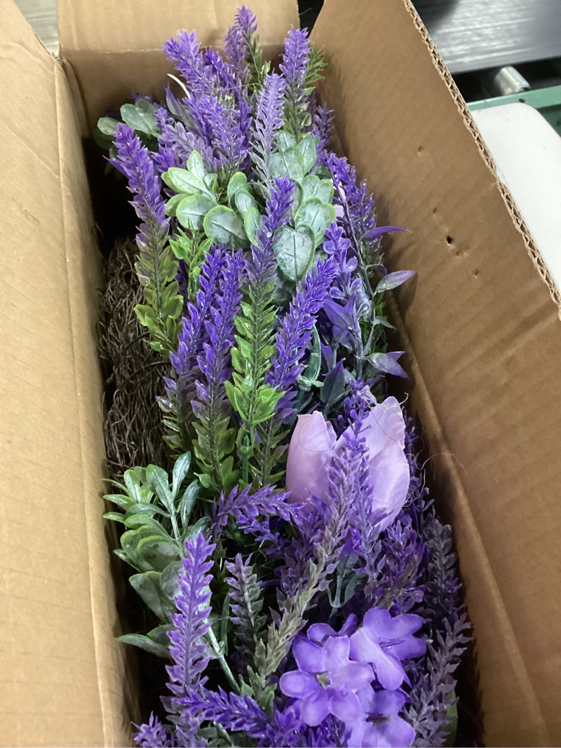 Condition photo showing Good Condition for 26" purple tulip and lavender wreath - artificial spring summer flower wreath for outside - silk lavender floral decor for front door, farmhouse cottagecore wall hanging purple 26in