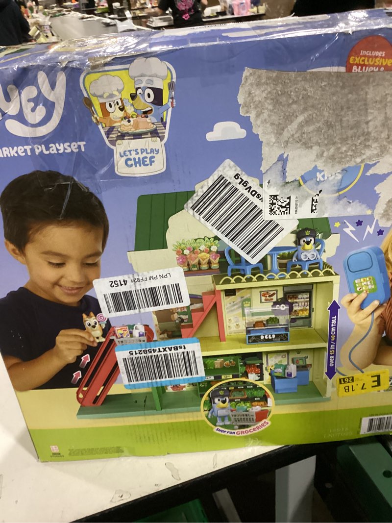 Condition photo showing Good Condition for Bluey and Bingo Supermarket Playset with Escalator, Pretend Play Toys for Toddlers, Sounds and 15 Pi