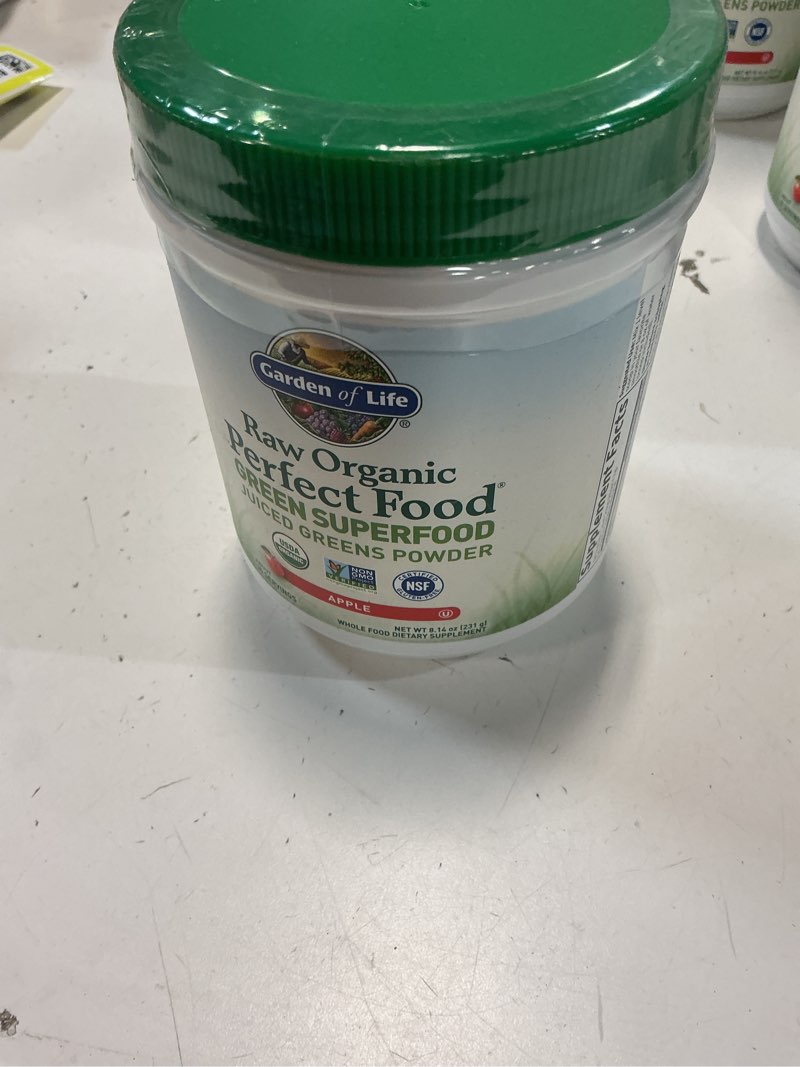 Condition photo showing New/Like New for (BB:04/24/2026)Garden of Life Raw Organic Perfect Food Green Superfood Juiced Greens Powder - Apple Flavor, 30 Servings - Vegan Gluten Free Whole Food Dietary Supplement, Greens Plus Probiotics & Enzymes Apple 30 Servings (Pack of 1)