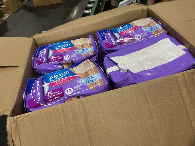 Condition photo showing New/Like New for always discreet reimagined adult diapers for women, maximum absorbency incontinence and postpartum underwear size 3x+, up to 100% leak free bladder leak protection, 52 count? xxx-large 52