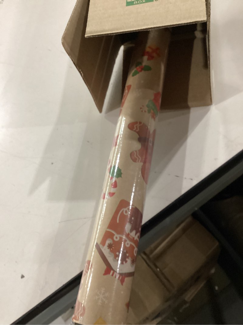 Condition photo showing New/Like New for RayofSun Kraft Christmas Wrapping Paper Jumbo Roll 30 in x 32 ft, Gingerbread Man Cookies Candy Cane Gift Wrapping Paper Rolls,Vintage Kraft Gift Wrap Paper for Boys Girls Celebrating Xmas Gingerbread Man 30in*32ft