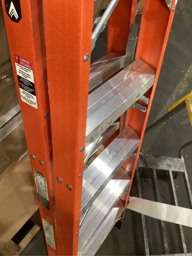 Condition photo showing As Is for louisville ladder 6-foot fiberglass twin front step ladder, 375-pound load capacity, type iaa, fm1406hd front ladder 6 feet