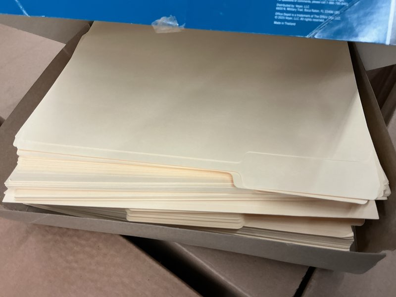 Condition photo showing Good Condition for office depot brand file folders, 1/3 cut, letter size, 30% recycled, manila, pack of 100 folders