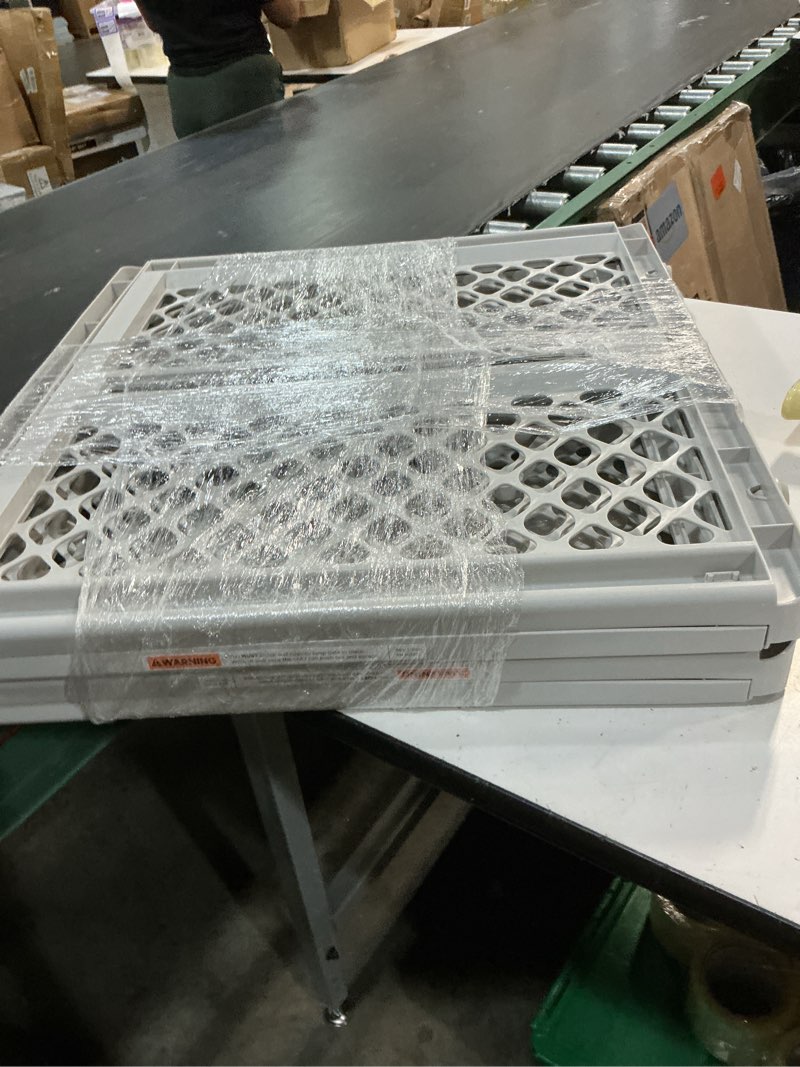 Condition photo showing Good Condition for mypet universal pet gate: 26” - 42” wide dog gate for doorways with pressure fit or swinging door hardware mounting types included: 26" tall; gray