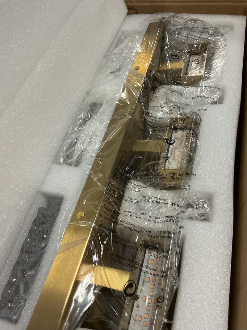 Condition photo showing Good Condition for gold bathroom vanity lights fixtures over mirror led crystal modern 3 light brushed stainless steel wall mount light for bathroom lighting fixtures 3000k 30watts warm light brushed gold 3 lights