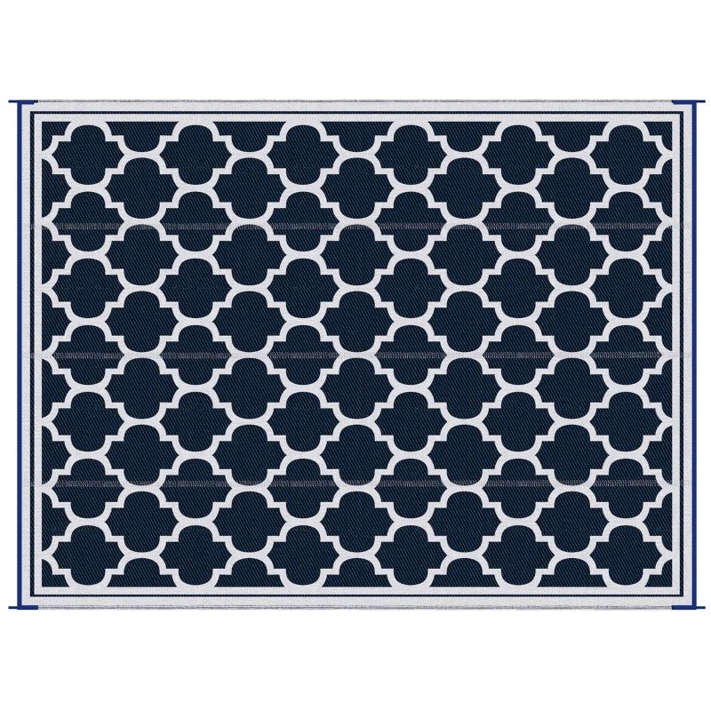 Outsunny Reversible Outdoor Rug, 9' x 12' Waterproof Plastic Straw Floor Mat, Portable RV Camping Carpet, Large Floor Mat for Backyard, Deck, Picnic, Beach, Blue & White