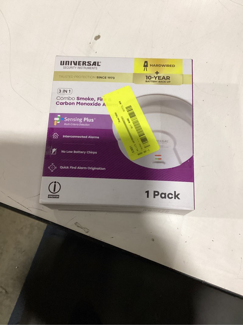Condition photo showing New/Like New for universal security instruments, sensing plus, combo smoke, fire, and carbon monoxide alarm, multi-criteria, with 10-year battery
