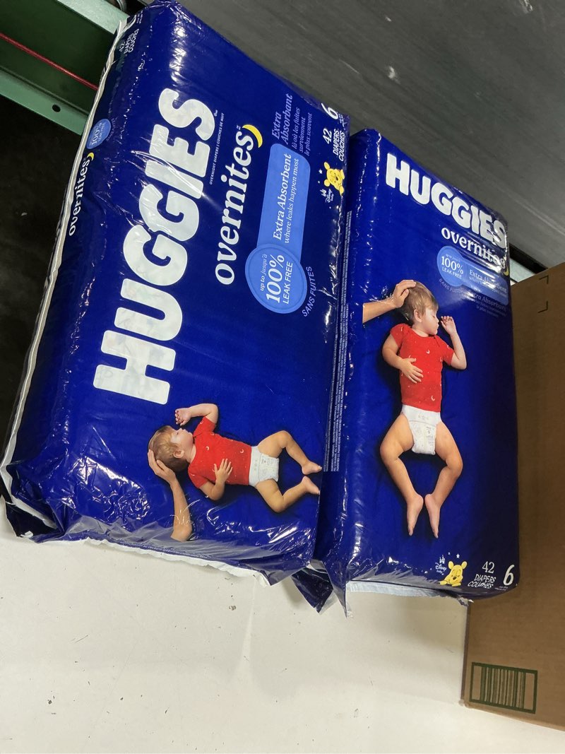 Condition photo showing New/Like New for huggies size 6 overnites baby diapers: overnight diapers, size 6 (35+ lbs), 84 ct (2 packs of 42), packaging may vary size 6 84