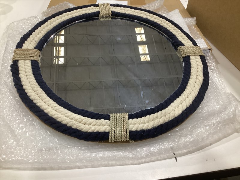 Condition photo showing As Is for nautical round rope mirror - white twisted rope wall hanging mirror, rustic boho & coastal farmhouse décor for bathroom, bedroom, nursery, or entryway 20"l x 20"w