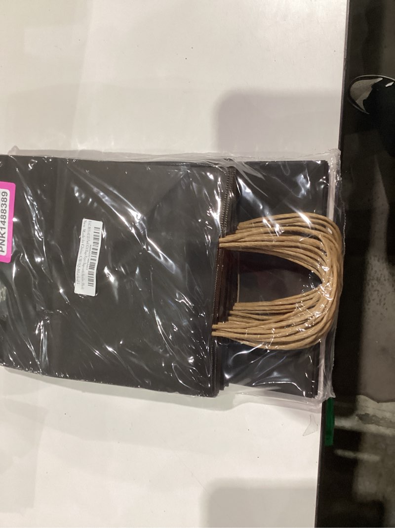 Condition photo showing New/Like New for BAG BOX 25 Pack Medium 8.25x4.3x10.6 Inch Black Kraft Paper Gift Bags with Handles for Bulk Shopping, Retail, Craft, Party Favors, Wedding, Grocery & Sacks