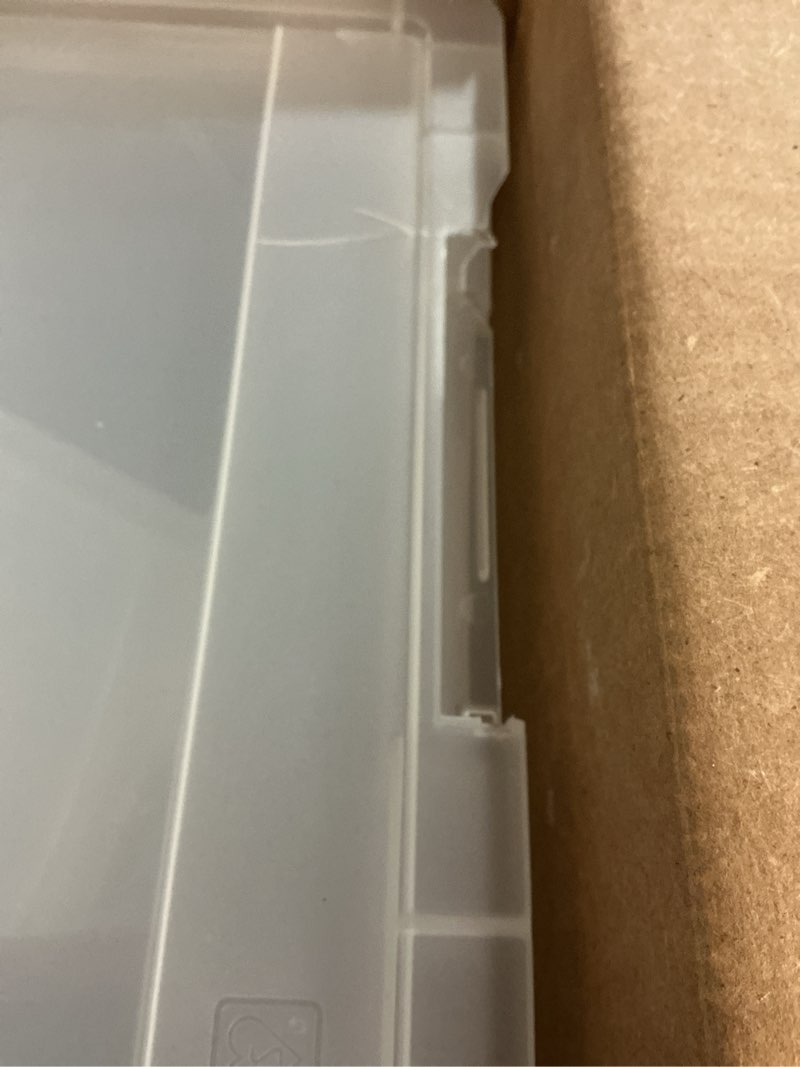 Condition photo showing As Is for IRIS USA 12 Qt. Plastic Storage Bins Containers with Lids, 4 Pack, Small Sensory Bin, Craft Storage, Craft Organizers & Storage, Organizing Container for Home, Office & Art Supplies, Stackable, Clear 12 Qt. - 4 Pack