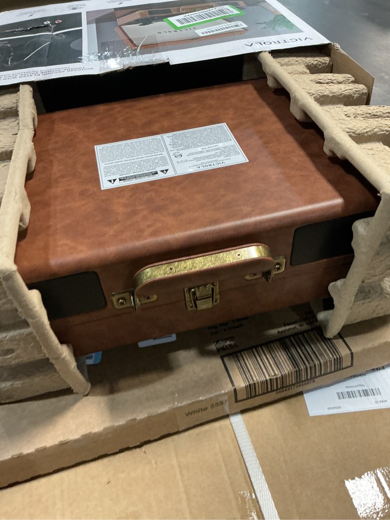 Condition photo showing New/Like New for Victrola Journey Bluetooth Portable Suitcase Record Player – with Built-in Speakers, 3 Speed Vinyl Record Player, RCA Out, Headphone Jack (Brown)