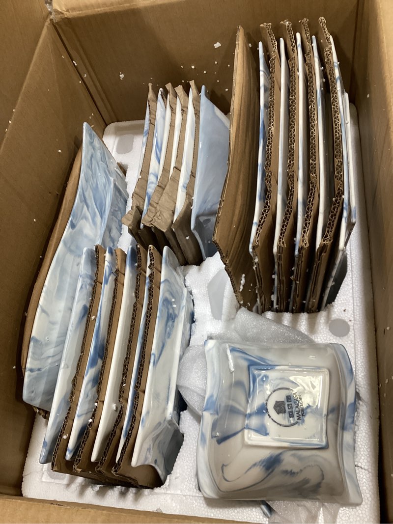 Condition photo showing As Is for MALACASA Plates and Bowls Sets, 24 Piece Blue Dinnerware Sets,Porcelain Dinner Set with Set, Dishes, Cereal Serving Platters, Kitchen Plate Bowl Series FLORA, 24 Piece, Blue