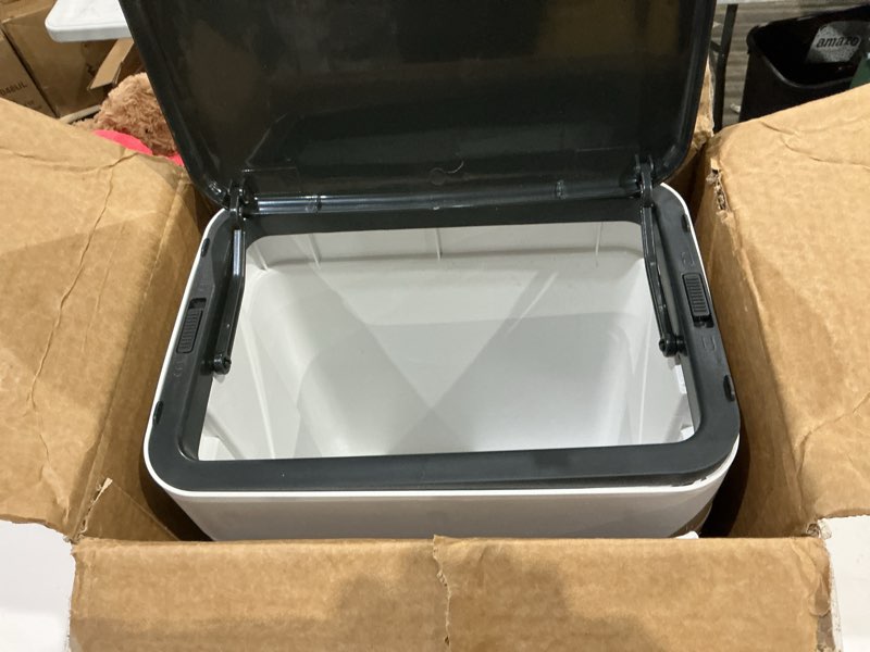 Condition photo showing As Is for kitchen trash can with lid, adjustable height 20l/5.3gal rolling garbage can on wheels, slim trash bin indoor for bathroom, bedroom, living room & office - white 20l white