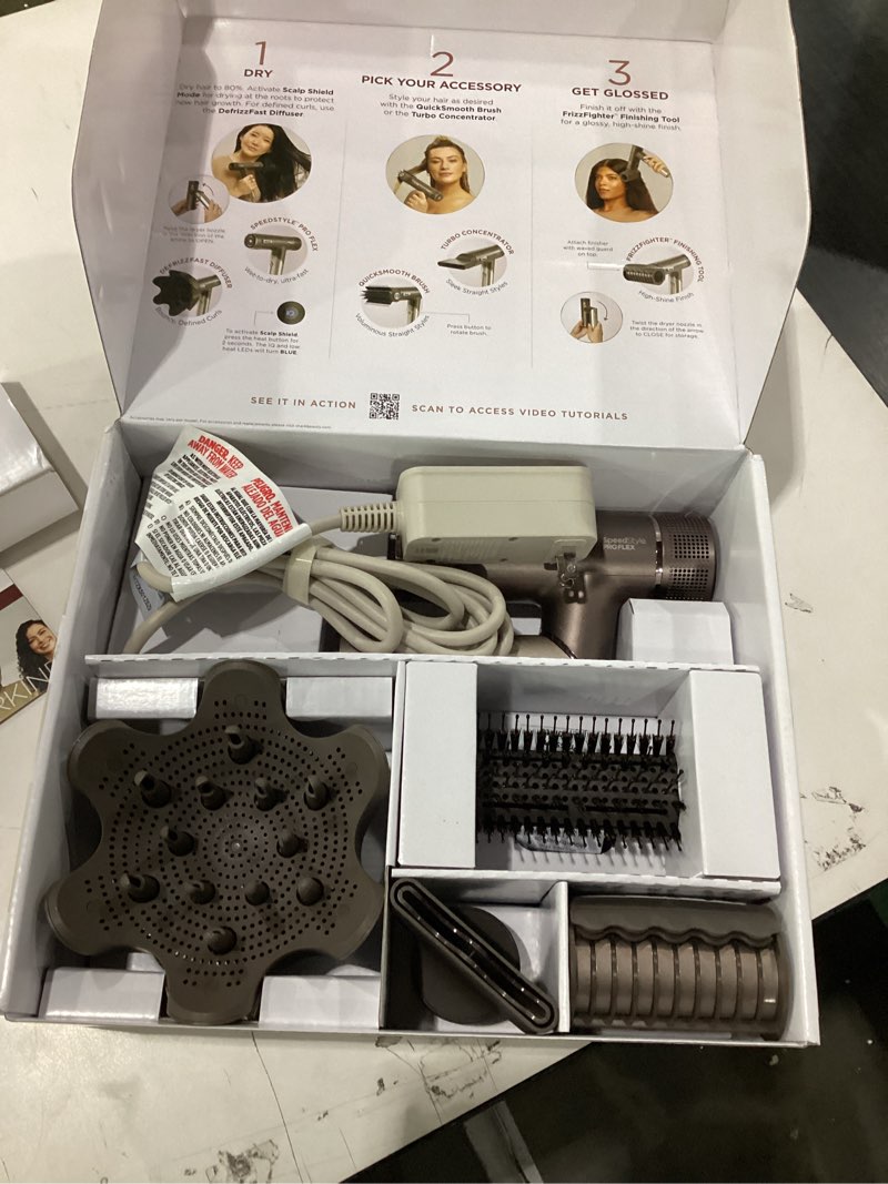 Condition photo showing New/Like New for shark speedstyle pro flex professional performance high-velocity hair dryer system with scalp shield & iq speed styling and drying suite, lightweight, ionic, no heat damage, mocha silver, hd542 speedstyle pro flex-for all hair types