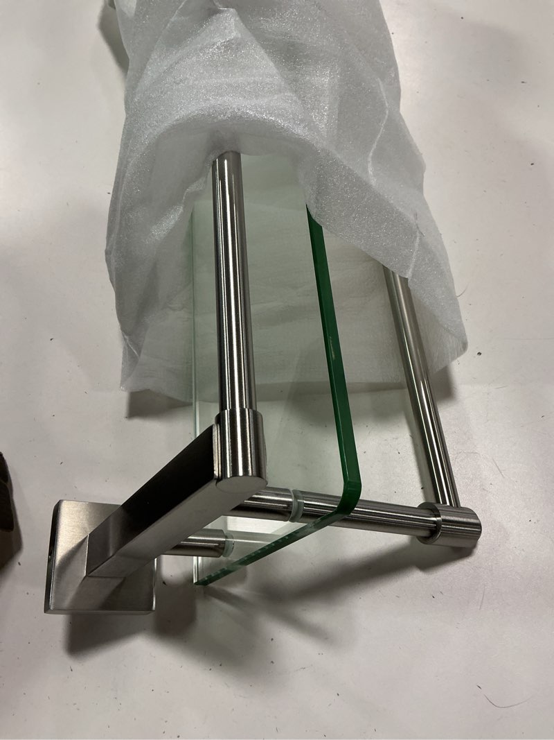 Condition photo showing Good Condition for Glass Bathroom Shelf with Towel Bar, Stainless Steel Tempered Towel bar/Track Glass Bathroom Shelves Wall Mount Over The Toilet (Brushed Nickel, 20-inch) Brushed Nickel 20-inch with Railing