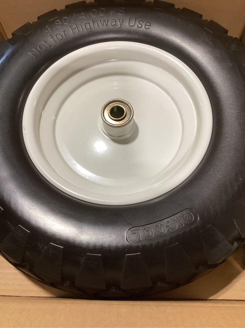 Condition photo showing Good Condition for 4.80/4.00-8" wheelbarrow tire, 16" flat-free solid tire and wheel, 3-6" centered hub, 5/8" & 3/4" bearing, for broadcast spreader garden wagon cart trolley dolly (1 pack)