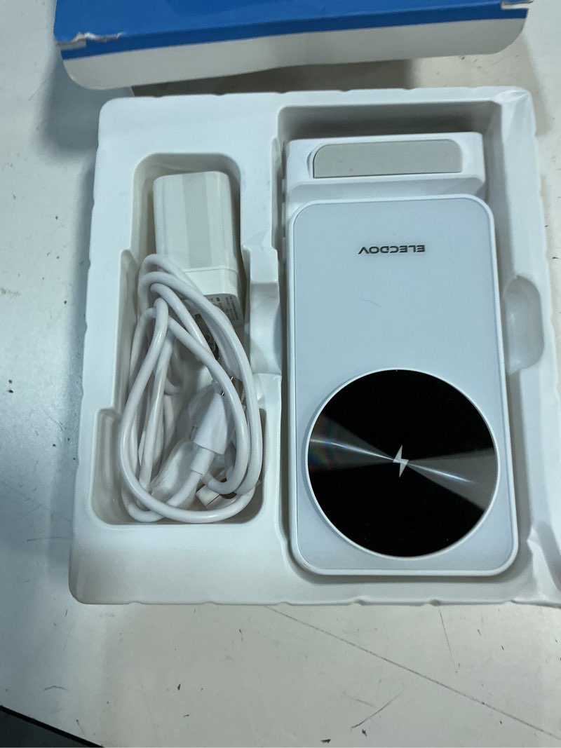 Condition photo showing Good Condition for 3 in 1 charging station for apple, elecdov magnetic charger for iphone, foldable wireless charger with clock, travel watch charger stand for iphone 17/air/16/15 series, iwatch 10/airpods 4 (white)