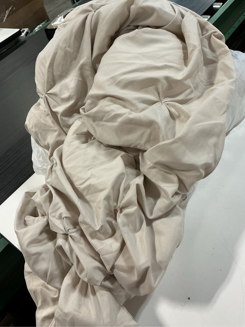 Condition photo showing As Is for cozylux queen comforter set beige, 3 pieces pintuck bed in a bag, premium beige comforter queen size, pinch pleat bedding sets with comforter, sheets, pillowcases & shams beige queen
