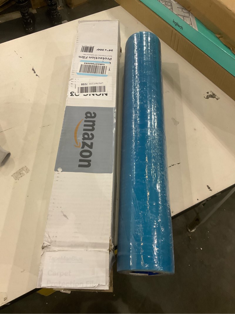 Condition photo showing New/Like New for TapeManBlue Carpet Protection Film 24" x 200' roll. Made in The USA. Easy Unwind, Clean Removal, Strong and Durable Plastic Carpet Protector. Clear, Self-Adhesive Surface Protective Film
