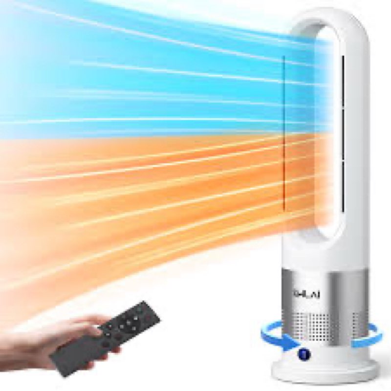bladeless heater and fan combo, 26 inch heater and cooler fan with remote, tip-over & overheat protection, 3 speed heating, 8 speed cooling, 80°oscillation, 9h timer, installation free for home office