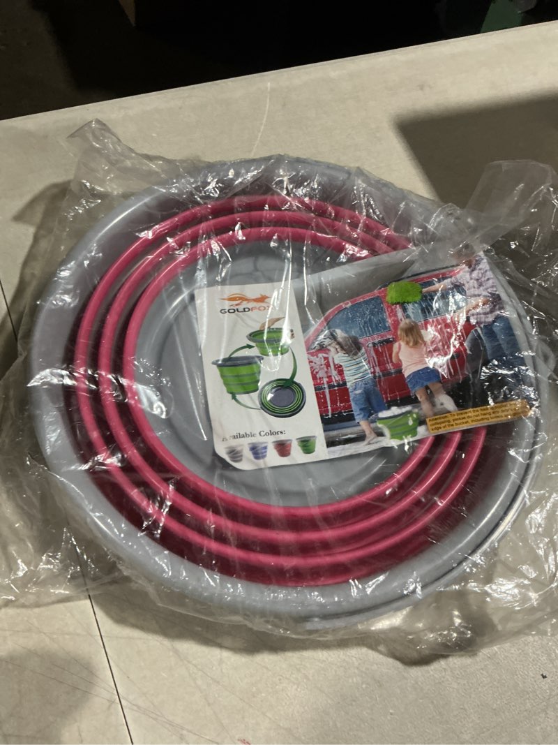 Condition photo showing Good Condition for topyond portable and foldable design?conveniently carry the car foldable bucket for camping, grey and red silicone plastic material