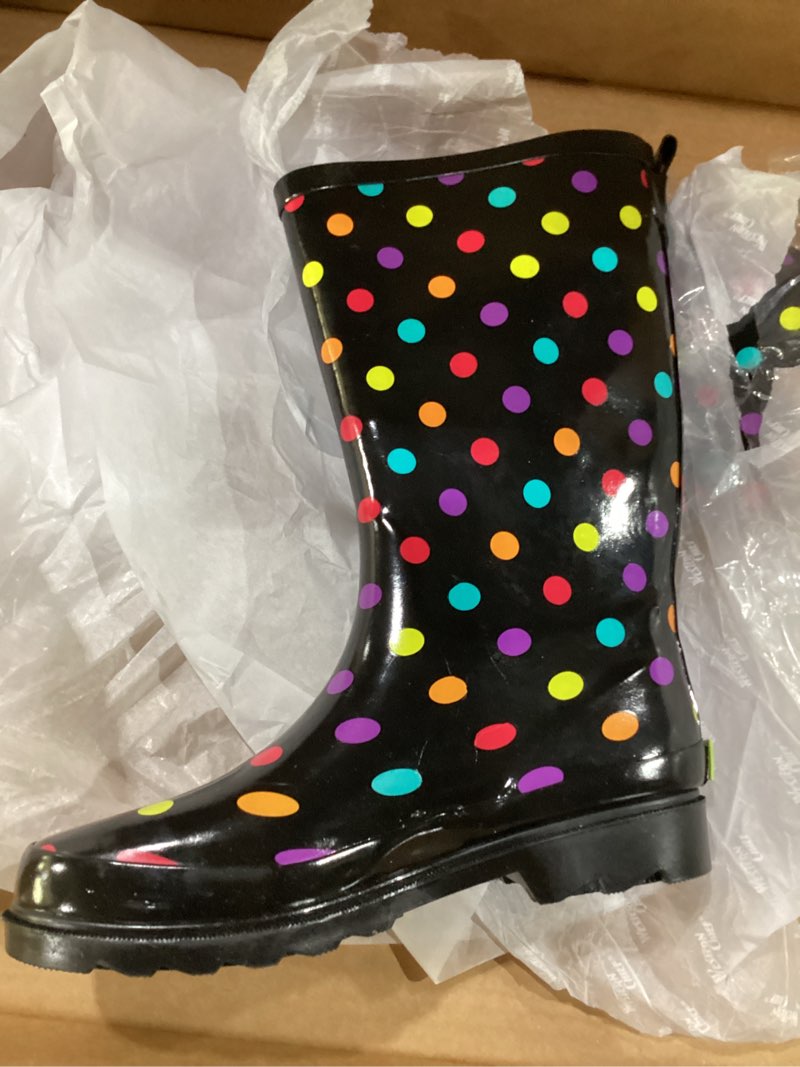 Condition photo showing New/Like New for western chief women's waterproof printed tall rain boots, ditsy dots, 8â€¦