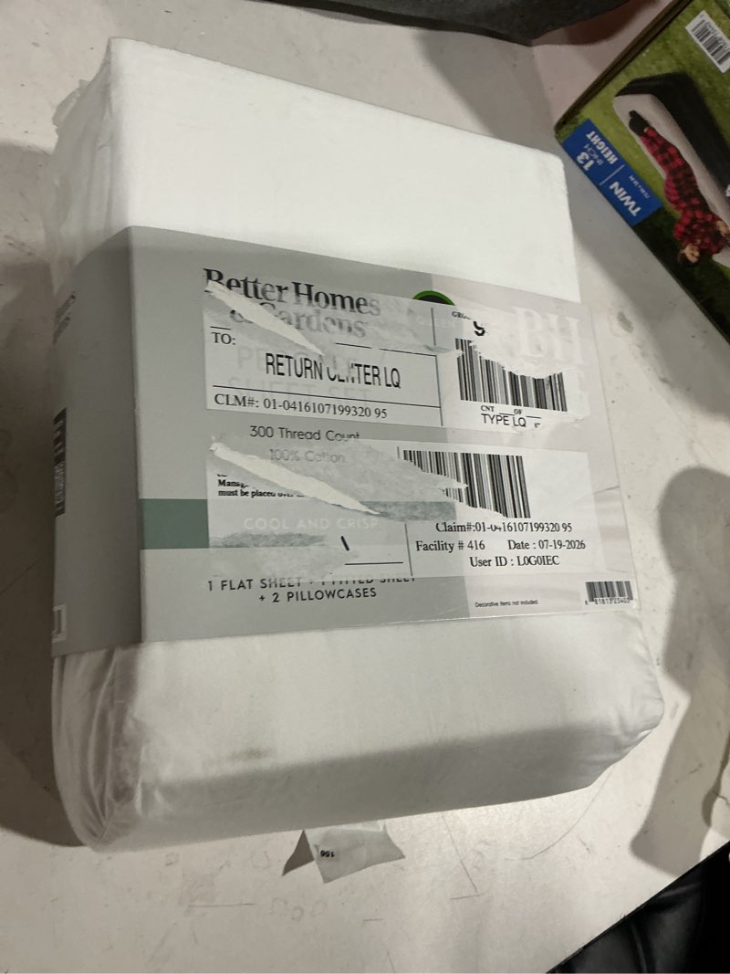 Condition photo showing As Is for better homes & gardens cool & crisp 4-piece 300 thread count arctic white cotton percale sheet set, queen