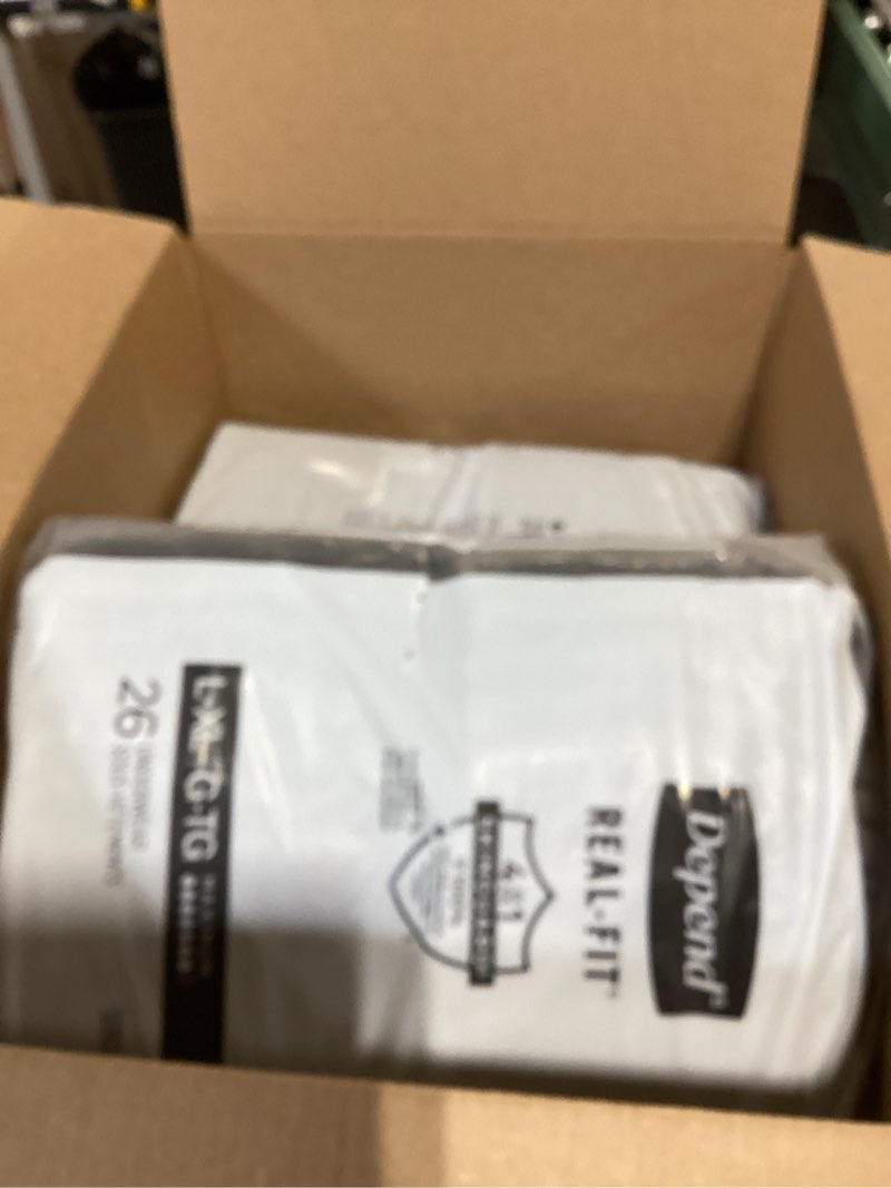 Condition photo showing New/Like New for depend real fit adult diapers, incontinence underwear for men, disposable, maximum absorbency, large/extra large, black, 52 count (2 packs of 26), packaging may vary