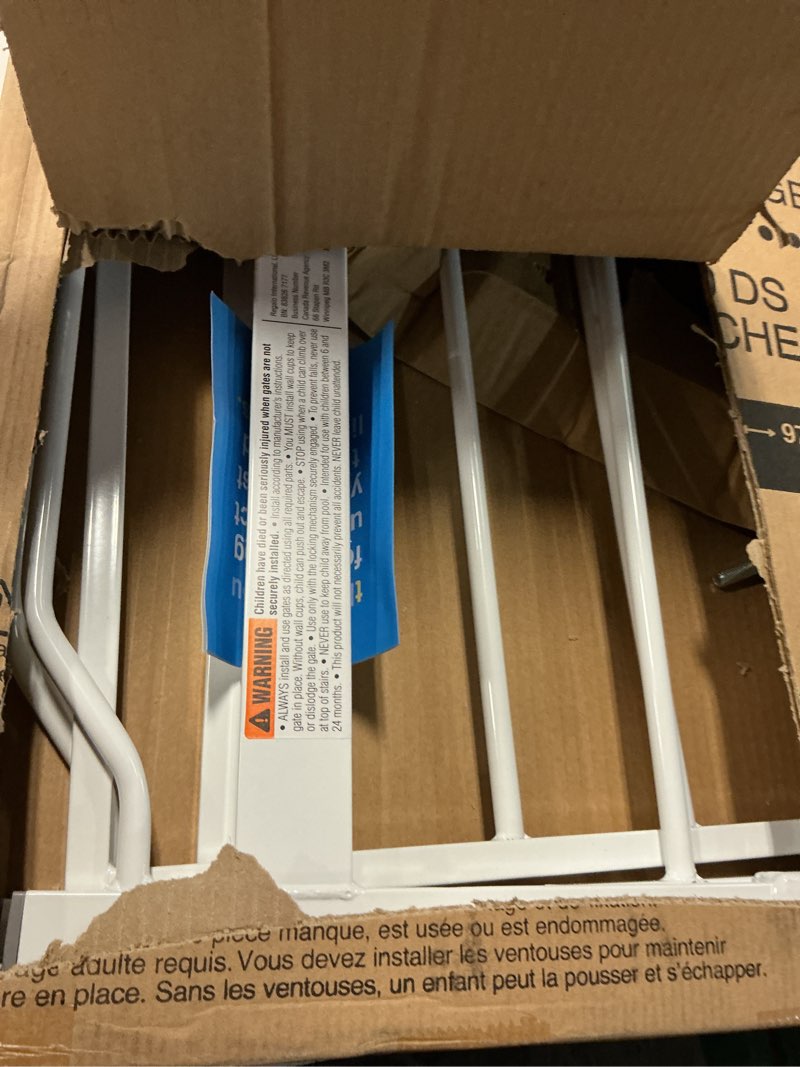 Condition photo showing As Is for regalo safety 29-38.5" baby gate for doorways & bottom of stairs, pressure mounted baby gate with door for babies, toddlers & pets, tested & safe for 30 years, american designed, american owned, white white 29-38.5"w x 30"h