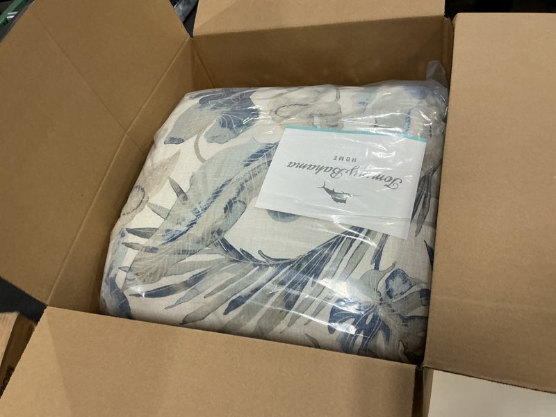 Condition photo showing New/Like New for Tommy Bahama - California King Comforter Set, Soft Woven Bedding with Matching Pillowcases & Bed Skirt, Medium Weight for Year Round Comfort, 4 Piece Bed Set (Raw Coast Blue) Raw Coast Blue California King Botanical Print