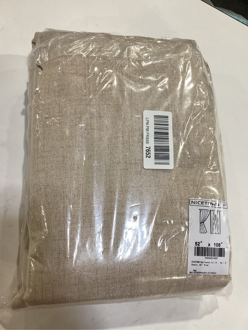 Condition photo showing New/Like New for NICETOWN Rod Pocket 100% Blackout Linen Curtains 108" Length, Thermal Insulated Long Drapes with Light Blocking Liner, Farmhouse Style Window Drapes for Hall/Villa Living Room (2 Panels, 52" Wide) Cream 52"W x 108"L (Pack of 2)