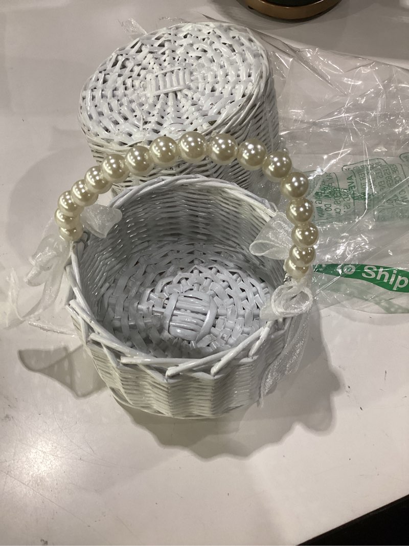 Condition photo showing Good Condition for 2 pcs wedding flower girl basket with pearl handle, handwoven cute small flower basket with artificial rose petals for wedding home garden decor outdoor picnic