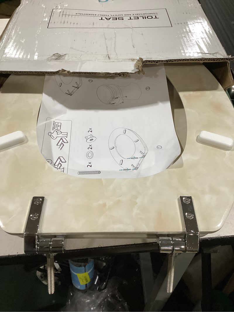 Condition photo showing As Is for angol shiold marble toilet seat, zinc alloy hinges (elongated, beige pink) | elongated toilet seat, durable enameled wood, anti-pinch design, easy to install and clean beige pink elongated-18.5”