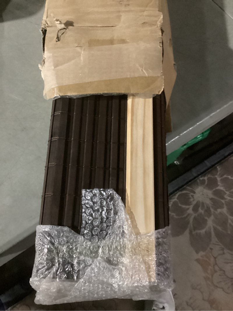 Condition photo showing As Is for letau no drill no tools cordless wood window shades blinds, bamboo light filtering roller shades, color 16