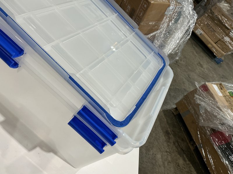 Condition photo showing As Is for iris 44 qt storage box with gasket seal lid- heavy duty moving containers with tight latch, 2pk  