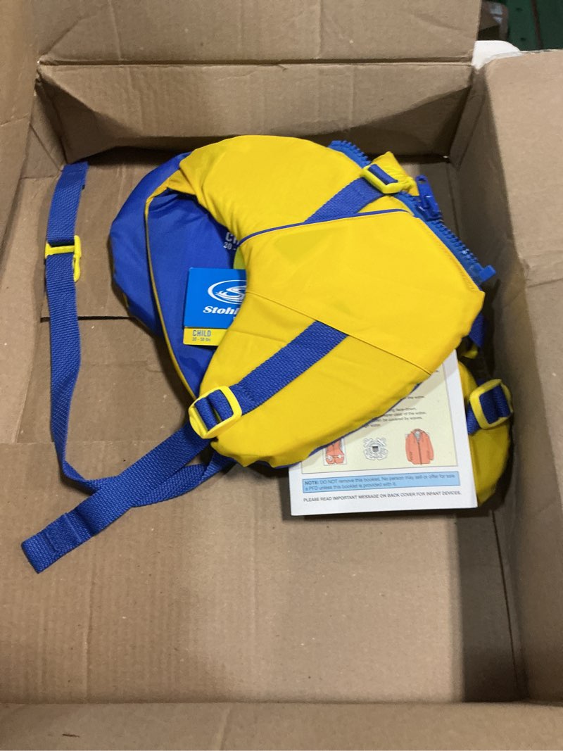 Condition photo showing Good Condition for stohlquist child life jacket, us coast guard approved, type iii life vest (30-50 lbs) for kids and children, support collar with grab handle, fully adjustable pfd for pools, lakes and boating yellow/blue