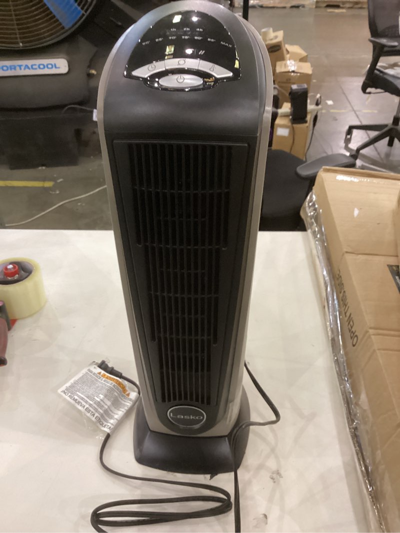 Condition photo showing As Is for Lasko Oscillating Ceramic Tower Space Heater for Home with Adjustable Thermostat, Timer and Remote Control, 22.5 Inches, Grey/Black, 1500W, 751320