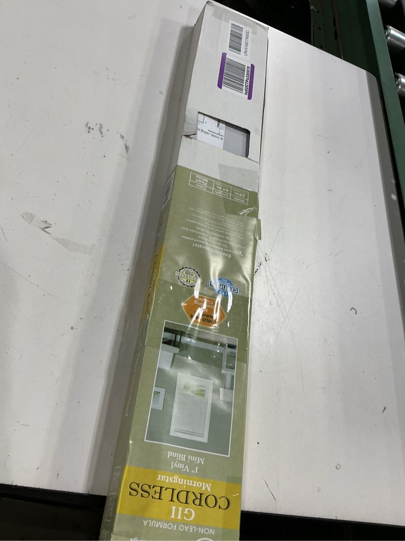 Condition photo showing As Is for Cordless GII Morningstar 1" Light Filtering Mini Blind 28x64 - White 28"W x 64"H Pearl White