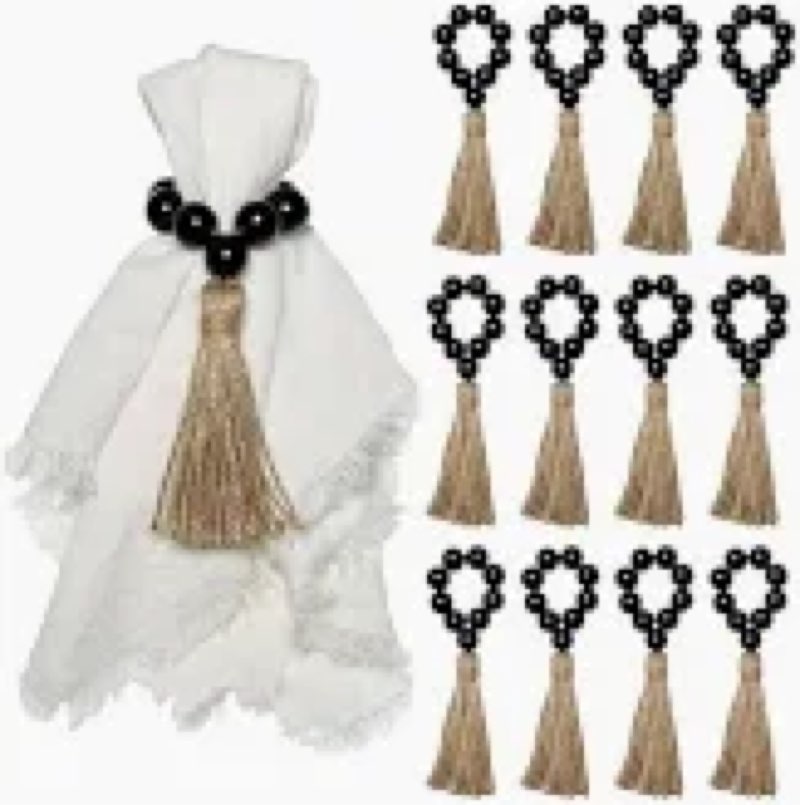 AWTWOW Napkin Rings Set of 12, Black Wooden Bead Napkin Rings for Table Decor, Hallowen Farmhouse Na