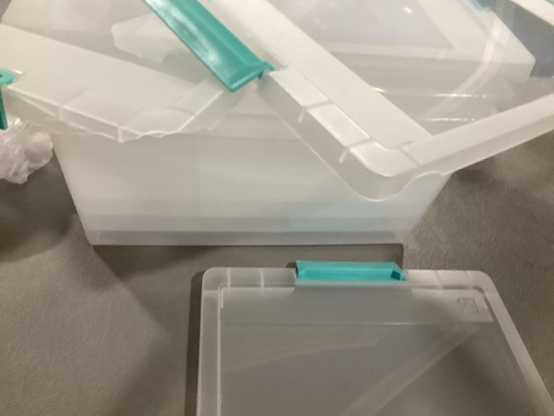 Condition photo showing As Is for ** 2 lids have a small broken spot** (see pic below)iris usa 12 qt. plastic storage bins containers with lids, 4 pack, small sensory bin, craft storage, craft organizers & storage, organizing container for home, office & art supplies, stackable, clear 12 qt. - 4 pack