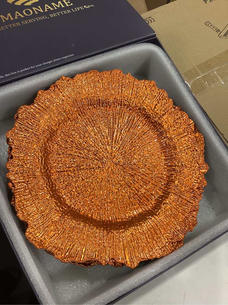 Condition photo showing New/Like New for maoname 13" orange charger plates, round reef chargers for dinner plates, plastic plate chargers for table setting, wedding decor, set of 12 12 orange