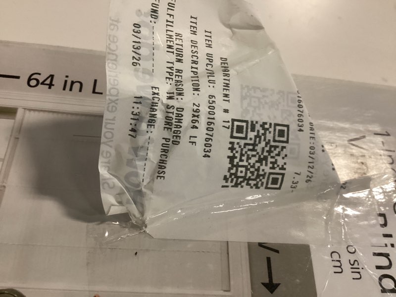 Condition photo showing As Is for similar room darkening cordless mini blind - 29\" w x 64\" l - white, over 1,400 custom sizes starting at 9.97, durable 1\" vinyl slats, smooth lift operation, horizontal window shades by lumino