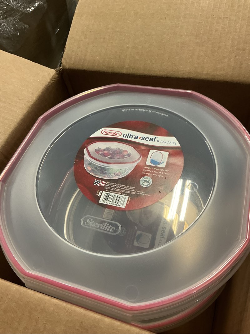 Condition photo showing Good Condition for sterilite ultra-seal 8.1 qt bowl, large airtight food storage container, latching lid, microwave and dishwasher safe, clear with red gasket, 2-pack 8.1 quart 2 pack