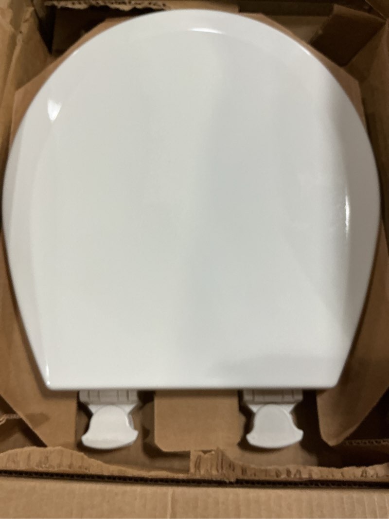 Condition photo showing As Is for bemis 500ec durable wood toilet seat with easy clean hinges, made in usa, round, white